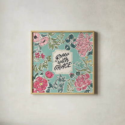 Live in Bloom IV by Janelle Penner. Shown in a natural wood glass frame for a timeless modern aesthetic. Available as an archival giclee rolled canvas, fine art paper, or poster print. SKU 45943a.