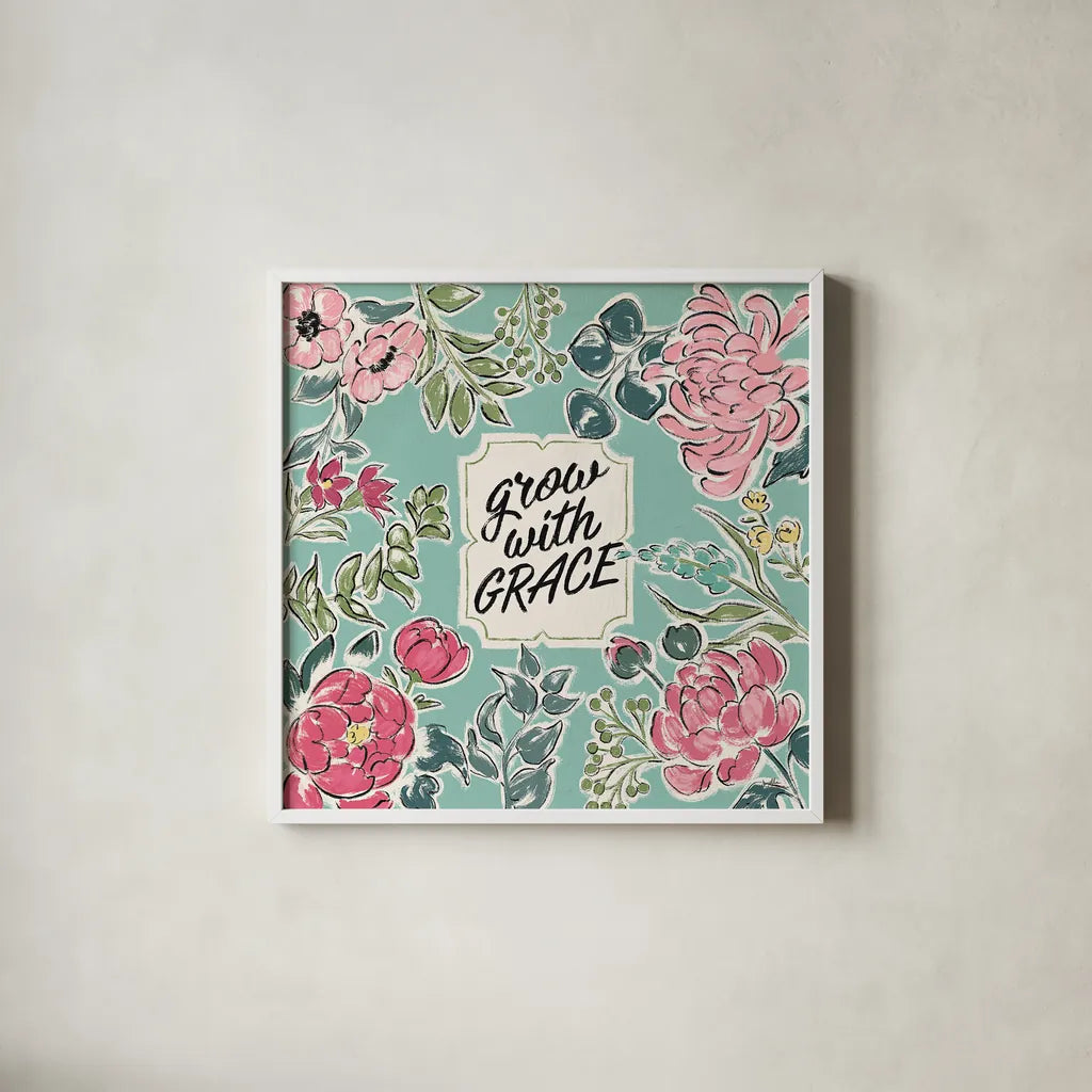 Live in Bloom IV by Janelle Penner. Shown in a crisp white glass frame for a clean and minimalist style. Available as an archival giclee rolled canvas, fine art paper, or poster print. SKU 45943a.