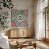 Live in Bloom IV by Janelle Penner. Shown in a natural wood frame in a cozy modern living room. Available as an archival giclee rolled canvas, fine art paper, or poster print. SKU 45943a.