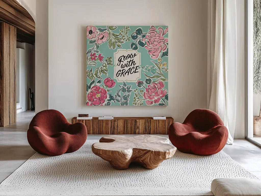 Live in Bloom IV by Janelle Penner. Shown as extra-large giant wall art in a modern living room. Available as an archival giclee rolled canvas, fine art paper, or poster print. SKU 45943a.
