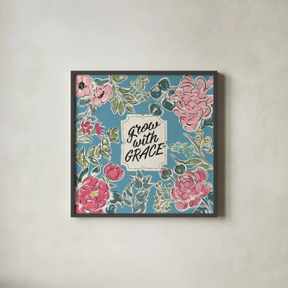 Live in Bloom IV Blue by Janelle Penner. Shown in a sleek black glass frame for a contemporary gallery look. Available as an archival giclee rolled canvas, fine art paper, or poster print. SKU 47199a.