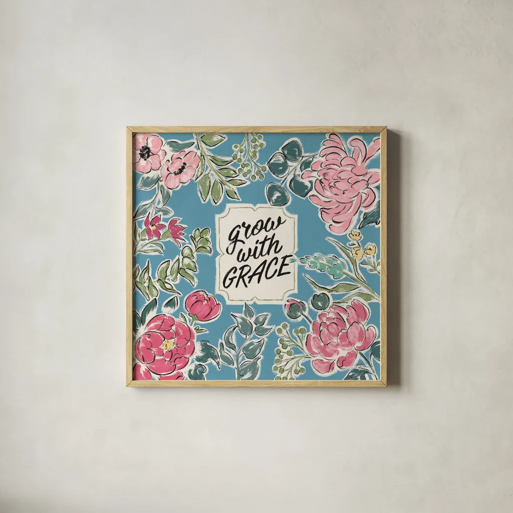 Live in Bloom IV Blue by Janelle Penner. Shown in a natural wood glass frame for a timeless modern aesthetic. Available as an archival giclee rolled canvas, fine art paper, or poster print. SKU 47199a.