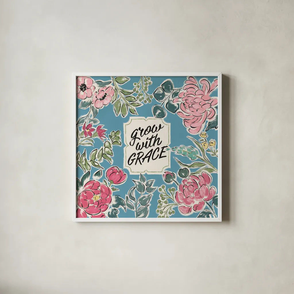 Live in Bloom IV Blue by Janelle Penner. Shown in a crisp white glass frame for a clean and minimalist style. Available as an archival giclee rolled canvas, fine art paper, or poster print. SKU 47199a.