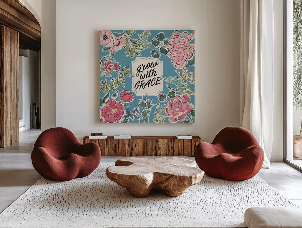 Live in Bloom IV Blue by Janelle Penner. Shown as extra-large giant wall art in a modern living room. Available as an archival giclee rolled canvas, fine art paper, or poster print. SKU 47199a.