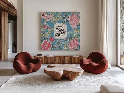 Live in Bloom IV Blue by Janelle Penner. Shown as extra-large giant wall art in a modern living room. Available as an archival giclee rolled canvas, fine art paper, or poster print. SKU 47199a.