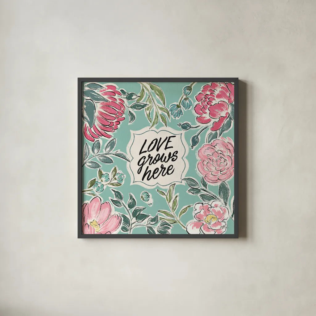 Live in Bloom V by Janelle Penner. Shown in a sleek black glass frame for a contemporary gallery look. Available as an archival giclee rolled canvas, fine art paper, or poster print. SKU 45944a.