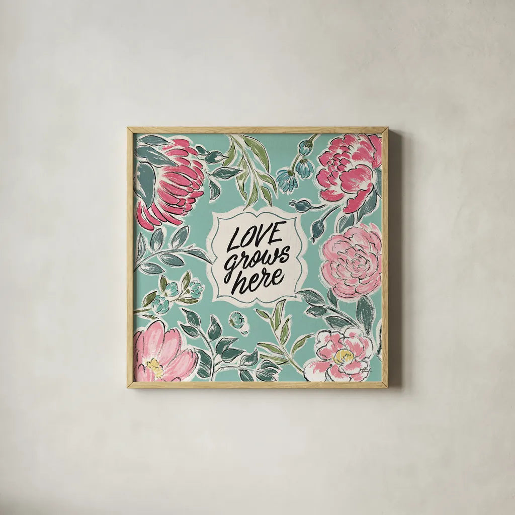 Live in Bloom V by Janelle Penner. Shown in a natural wood glass frame for a timeless modern aesthetic. Available as an archival giclee rolled canvas, fine art paper, or poster print. SKU 45944a.