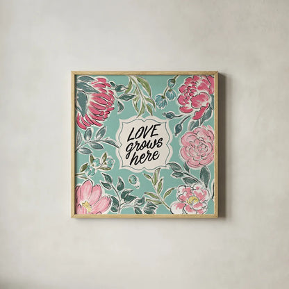 Live in Bloom V by Janelle Penner. Shown in a natural wood glass frame for a timeless modern aesthetic. Available as an archival giclee rolled canvas, fine art paper, or poster print. SKU 45944a.