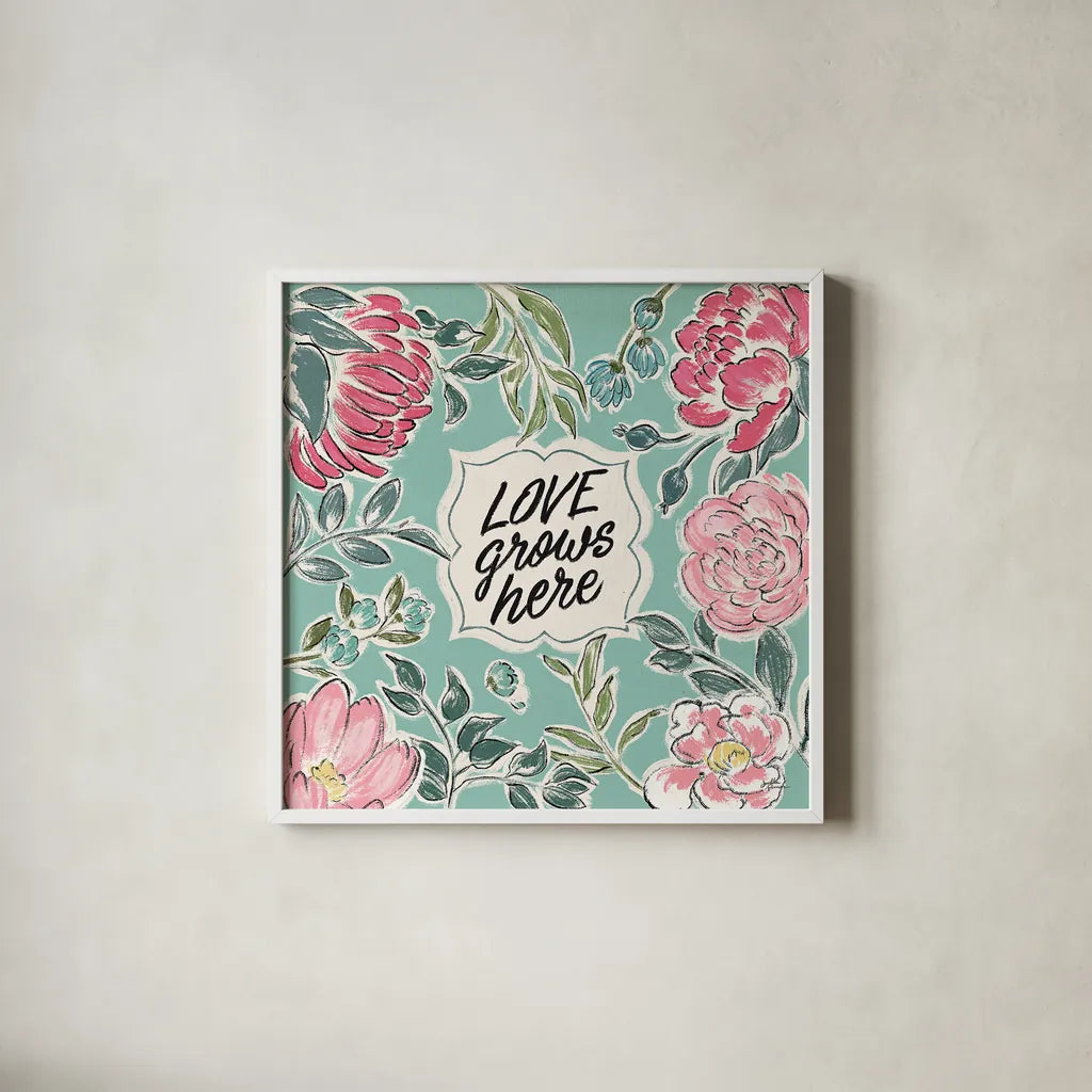 Live in Bloom V by Janelle Penner. Shown in a crisp white glass frame for a clean and minimalist style. Available as an archival giclee rolled canvas, fine art paper, or poster print. SKU 45944a.