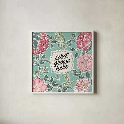 Live in Bloom V by Janelle Penner. Shown in a crisp white glass frame for a clean and minimalist style. Available as an archival giclee rolled canvas, fine art paper, or poster print. SKU 45944a.