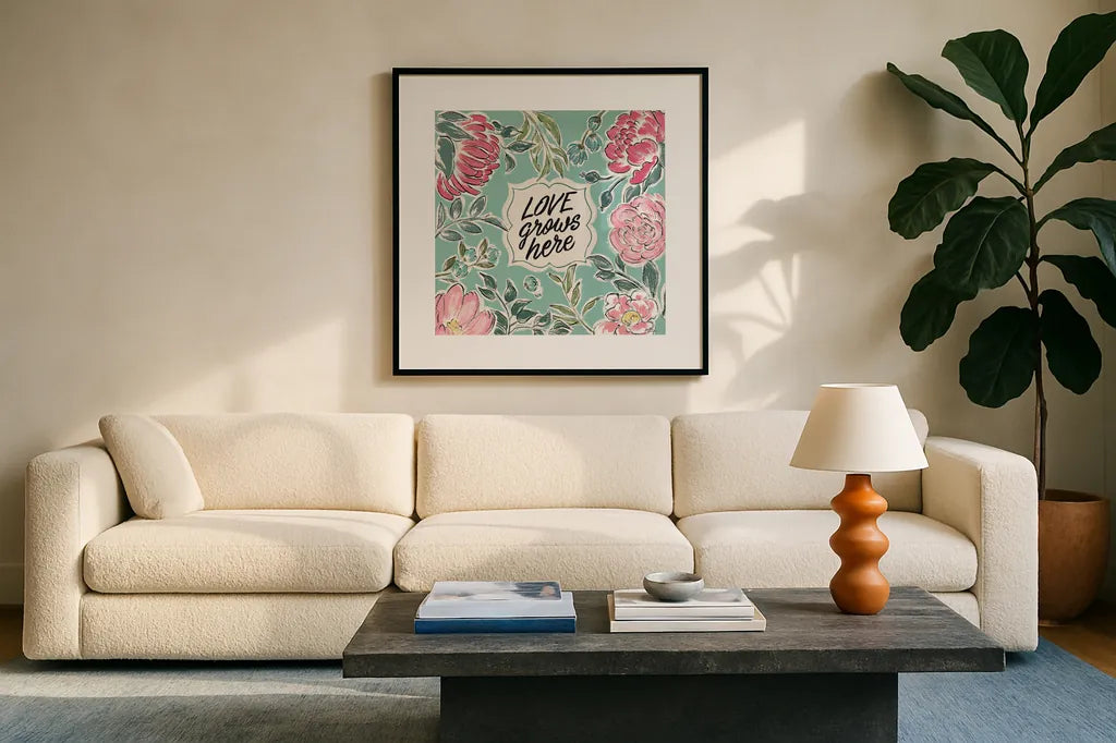 Live in Bloom V by Janelle Penner. Displayed in a glass frame with matte in a clean modern living room. Available as an archival giclee rolled canvas, fine art paper, or poster print. SKU 45944a.