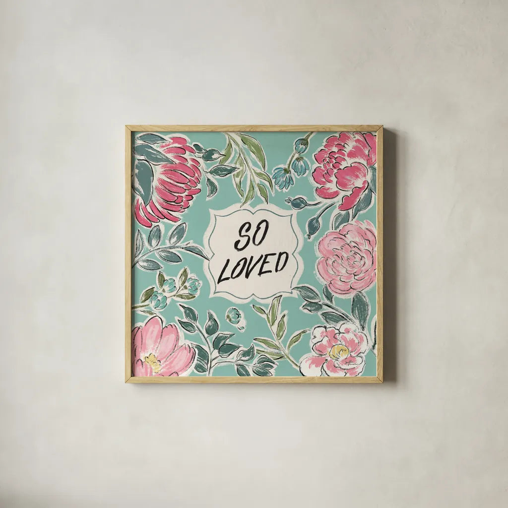 Live in Bloom V Loved by Janelle Penner. Shown in a natural wood glass frame for a timeless modern aesthetic. Available as an archival giclee rolled canvas, fine art paper, or poster print. SKU 52511a.