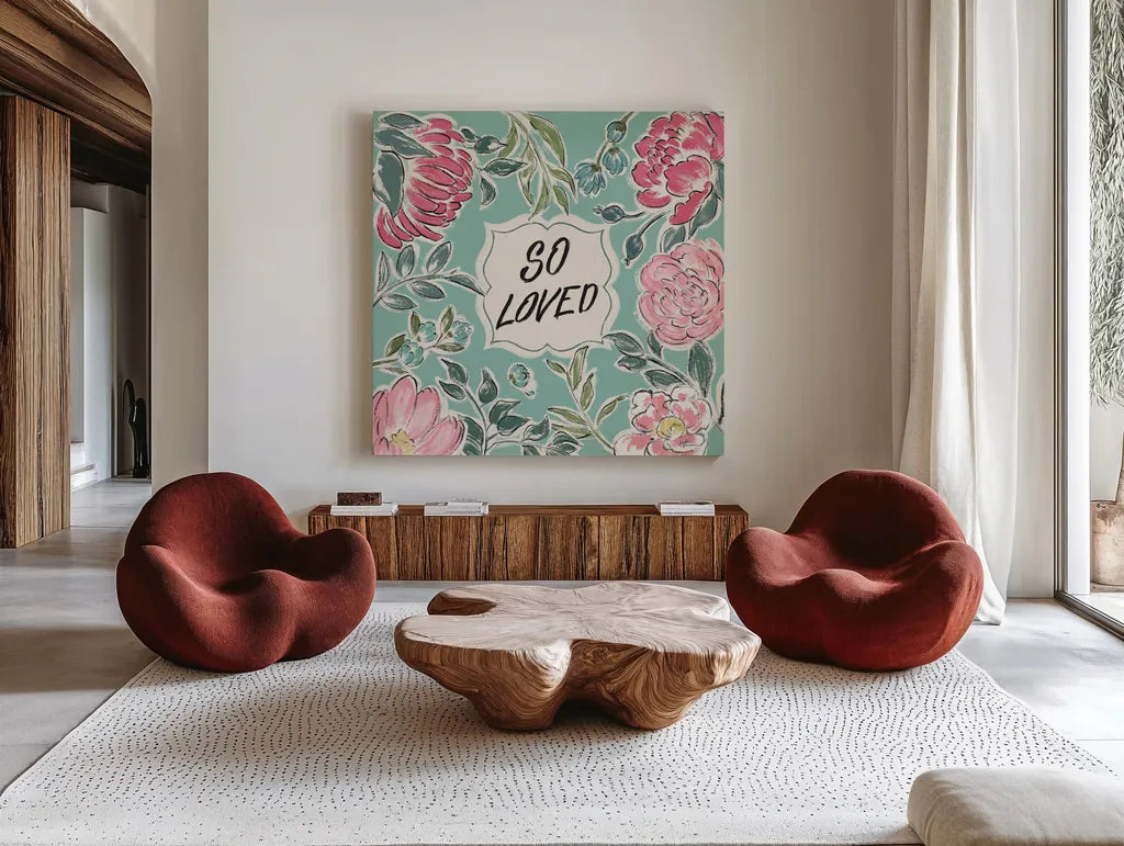 Live in Bloom V Loved by Janelle Penner. Shown as extra-large giant wall art in a modern living room. Available as an archival giclee rolled canvas, fine art paper, or poster print. SKU 52511a.