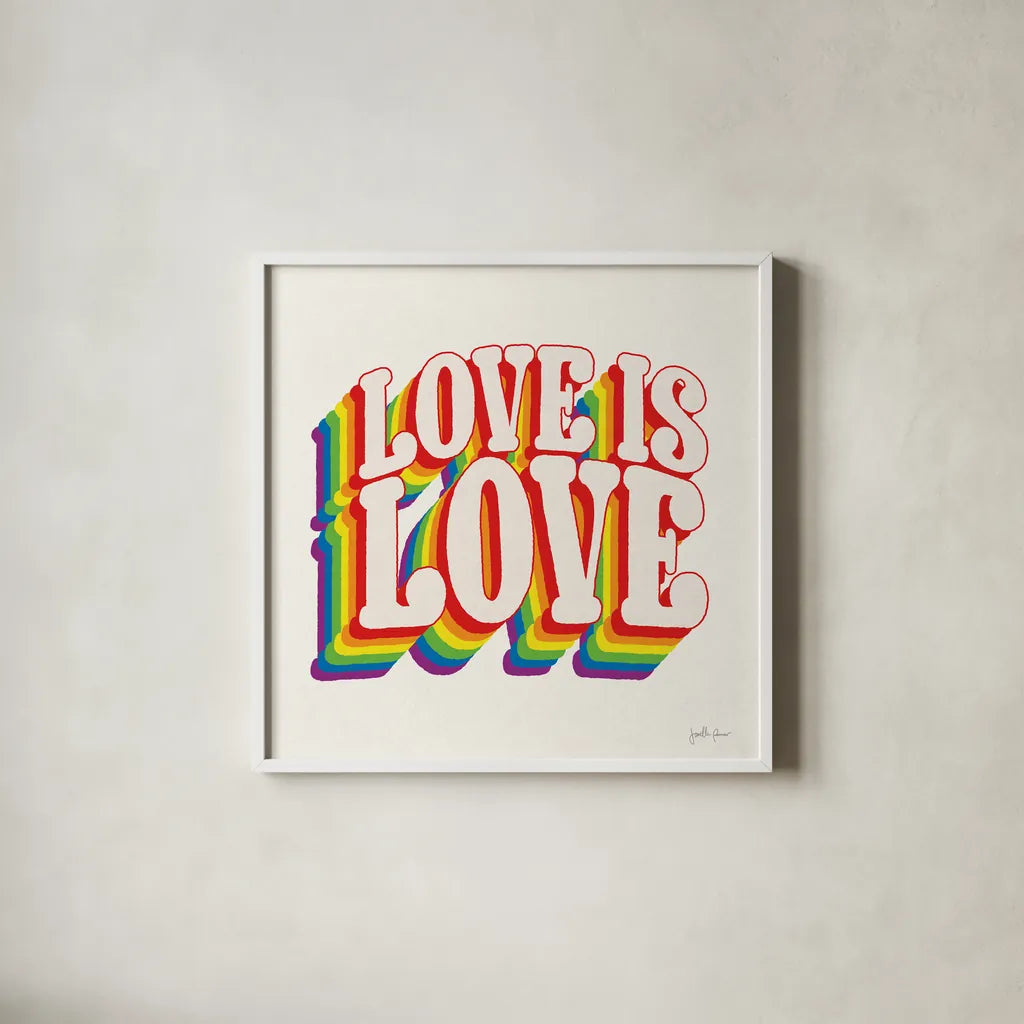 Love is Love I by Janelle Penner. Shown in a crisp white glass frame for a clean and minimalist style. Available as an archival giclee rolled canvas, fine art paper, or poster print. SKU 68630a.