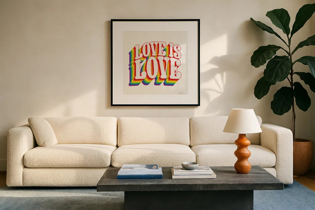 Love is Love I by Janelle Penner. Displayed in a glass frame with matte in a clean modern living room. Available as an archival giclee rolled canvas, fine art paper, or poster print. SKU 68630a.