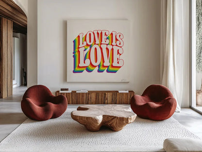 Love is Love I by Janelle Penner. Shown as extra-large giant wall art in a modern living room. Available as an archival giclee rolled canvas, fine art paper, or poster print. SKU 68630a.