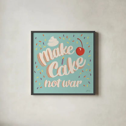 Make Cake I by Janelle Penner. Shown in a sleek black glass frame for a contemporary gallery look. Available as an archival giclee rolled canvas, fine art paper, or poster print. SKU 68018a.