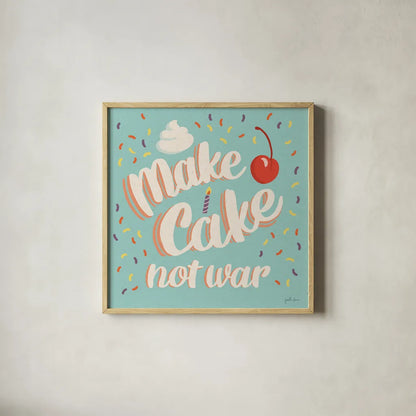 Make Cake I by Janelle Penner. Shown in a natural wood glass frame for a timeless modern aesthetic. Available as an archival giclee rolled canvas, fine art paper, or poster print. SKU 68018a.