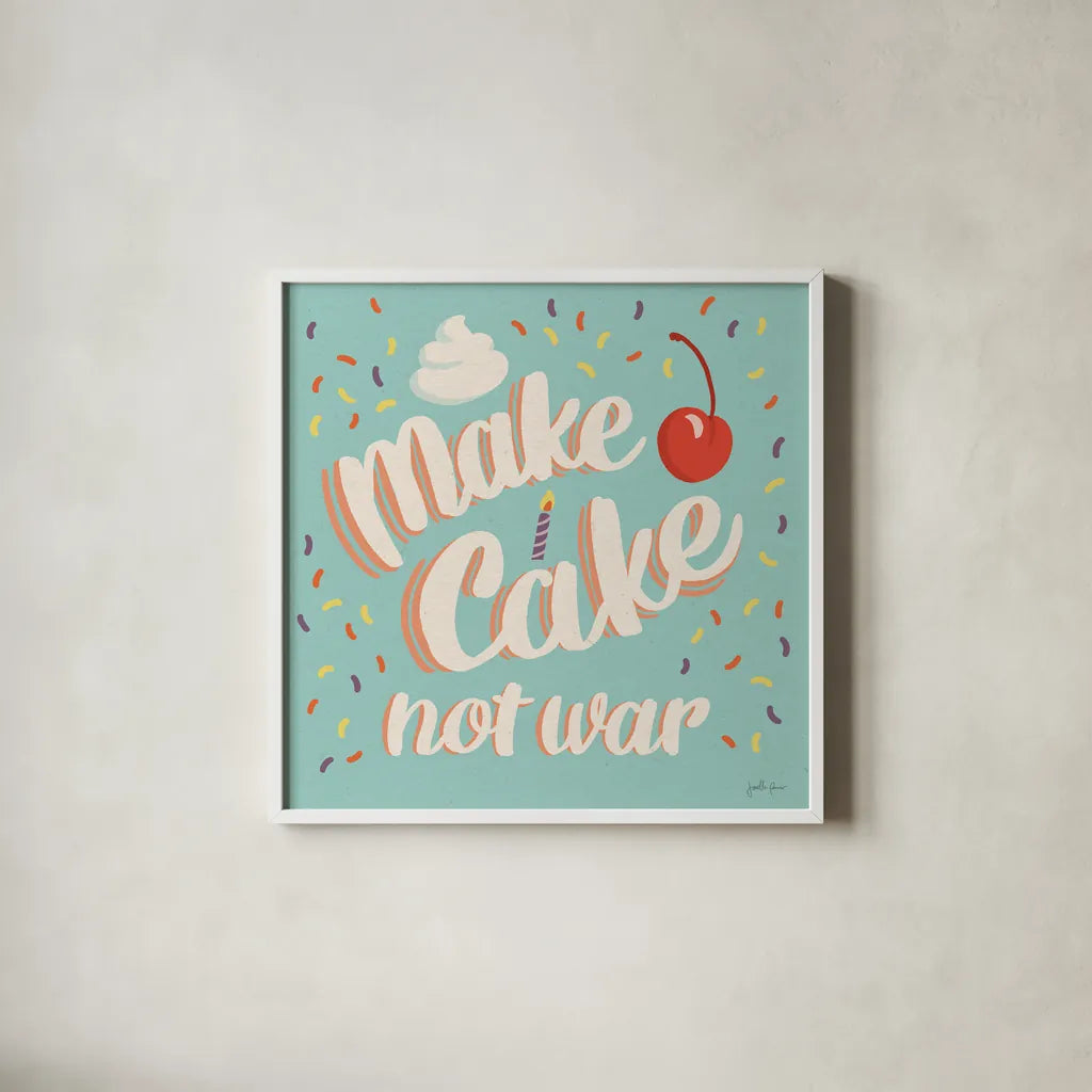 Make Cake I by Janelle Penner. Shown in a crisp white glass frame for a clean and minimalist style. Available as an archival giclee rolled canvas, fine art paper, or poster print. SKU 68018a.