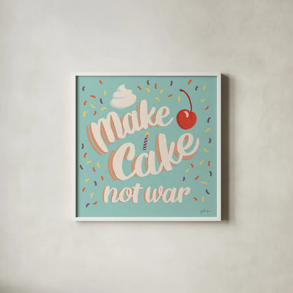 Make Cake I by Janelle Penner. Shown in a crisp white glass frame for a clean and minimalist style. Available as an archival giclee rolled canvas, fine art paper, or poster print. SKU 68018a.