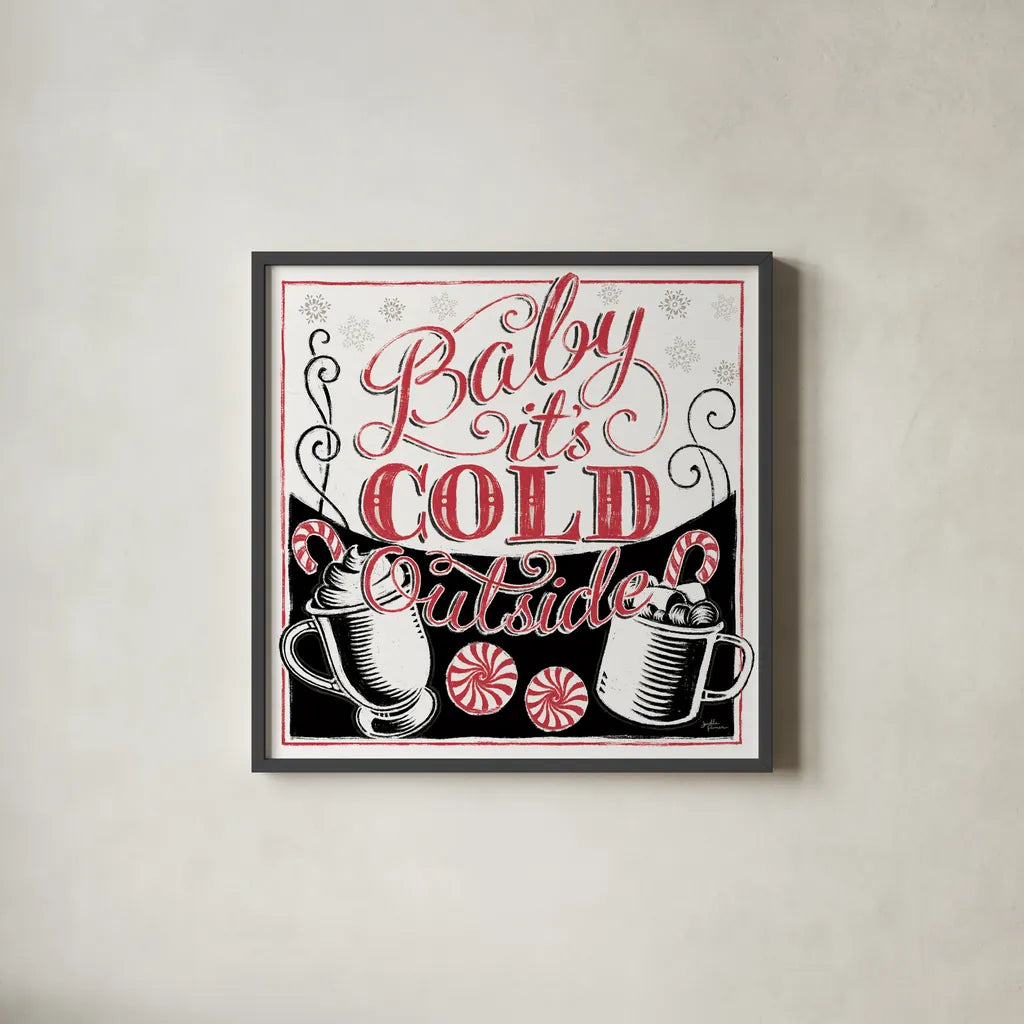 Merry Little Christmas BWR by Janelle Penner. Shown in a sleek black glass frame for a contemporary gallery look. Available as an archival giclee rolled canvas, fine art paper, or poster print. SKU 48702a.