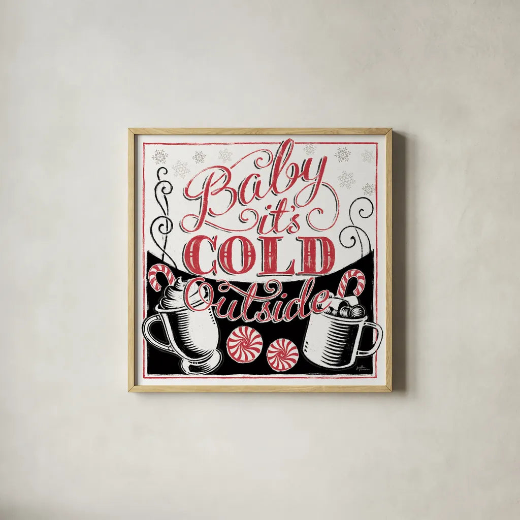 Merry Little Christmas BWR by Janelle Penner. Shown in a natural wood glass frame for a timeless modern aesthetic. Available as an archival giclee rolled canvas, fine art paper, or poster print. SKU 48702a.