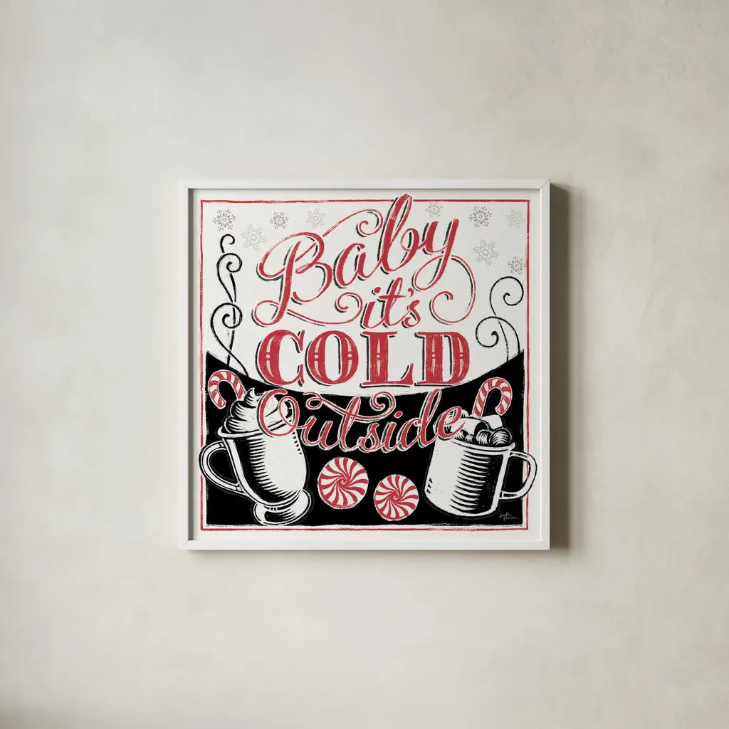 Merry Little Christmas BWR by Janelle Penner. Shown in a crisp white glass frame for a clean and minimalist style. Available as an archival giclee rolled canvas, fine art paper, or poster print. SKU 48702a.