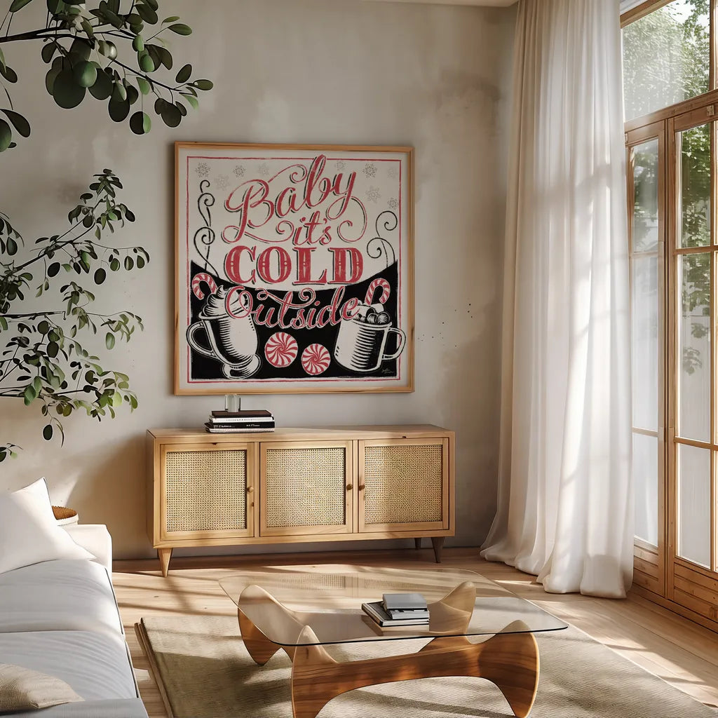 Merry Little Christmas BWR by Janelle Penner. Shown in a natural wood frame in a cozy modern living room. Available as an archival giclee rolled canvas, fine art paper, or poster print. SKU 48702a.