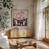Merry Little Christmas BWR by Janelle Penner. Shown in a natural wood frame in a cozy modern living room. Available as an archival giclee rolled canvas, fine art paper, or poster print. SKU 48702a.