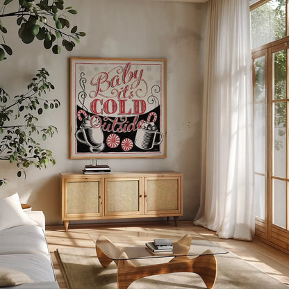 Merry Little Christmas BWR by Janelle Penner. Shown in a natural wood frame in a cozy modern living room. Available as an archival giclee rolled canvas, fine art paper, or poster print. SKU 48702a.