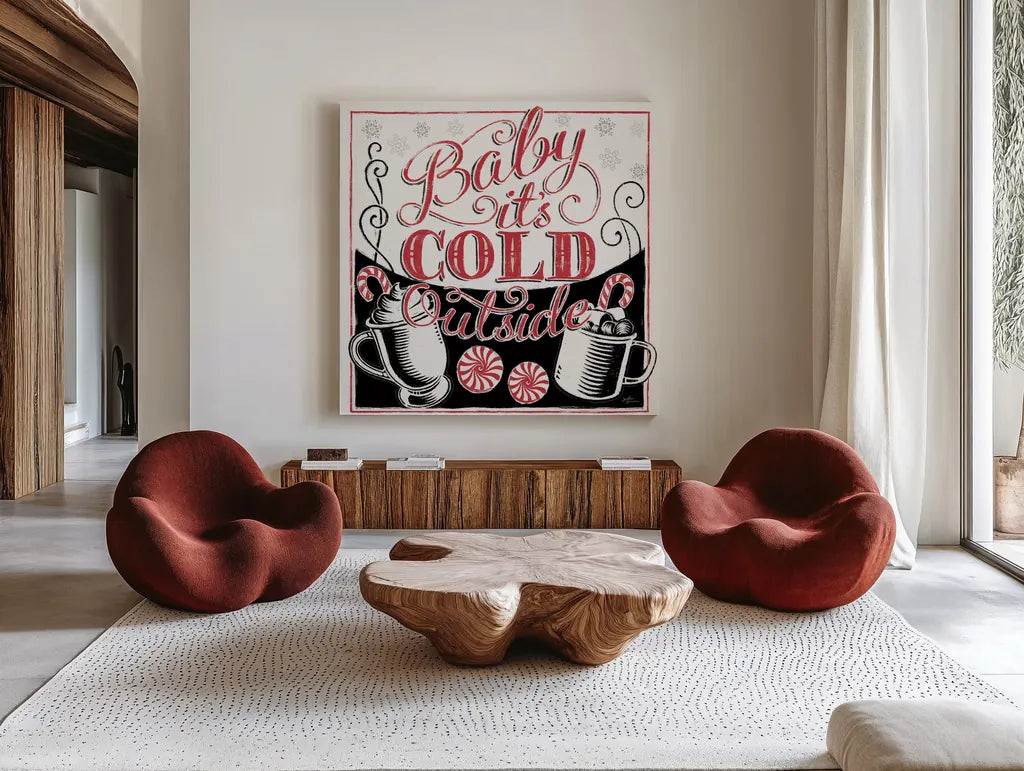 Merry Little Christmas BWR by Janelle Penner. Shown as extra-large giant wall art in a modern living room. Available as an archival giclee rolled canvas, fine art paper, or poster print. SKU 48702a.