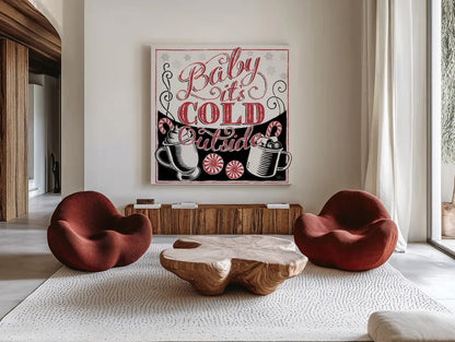 Merry Little Christmas BWR by Janelle Penner. Shown as extra-large giant wall art in a modern living room. Available as an archival giclee rolled canvas, fine art paper, or poster print. SKU 48702a.