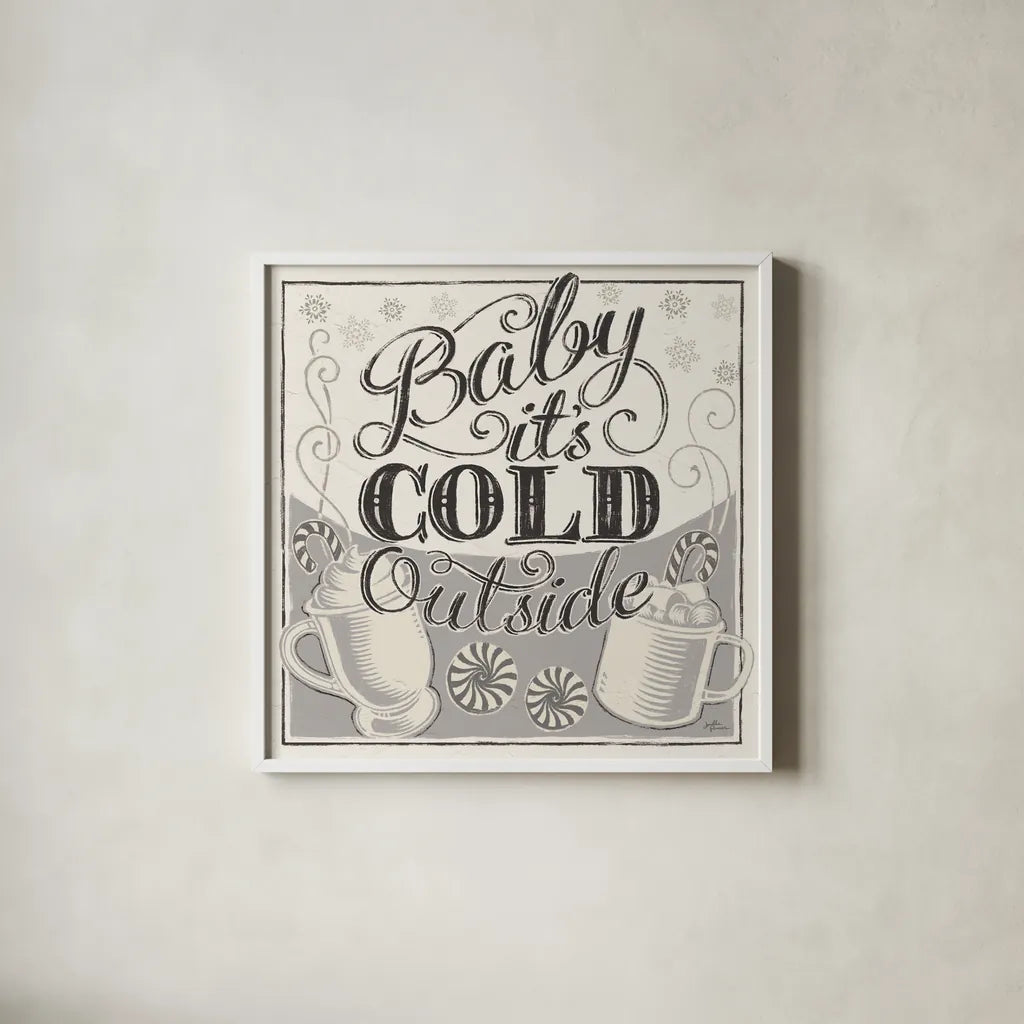 Merry Little Christmas II White Gray by Janelle Penner. Shown in a crisp white glass frame for a clean and minimalist style. Available as an archival giclee rolled canvas, fine art paper, or poster print. SKU 66640a.