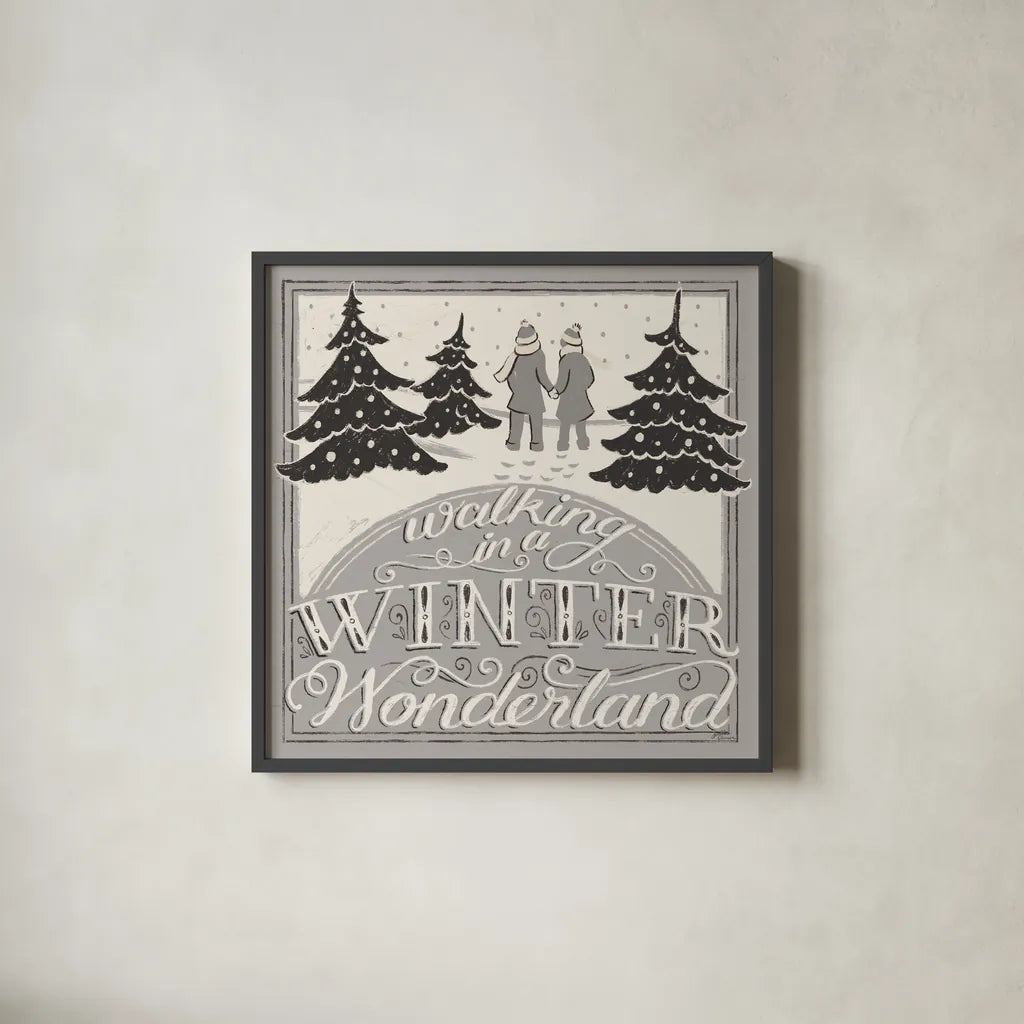 Merry Little Christmas III White Gray by Janelle Penner. Shown in a sleek black glass frame for a contemporary gallery look. Available as an archival giclee rolled canvas, fine art paper, or poster print. SKU 66641a.