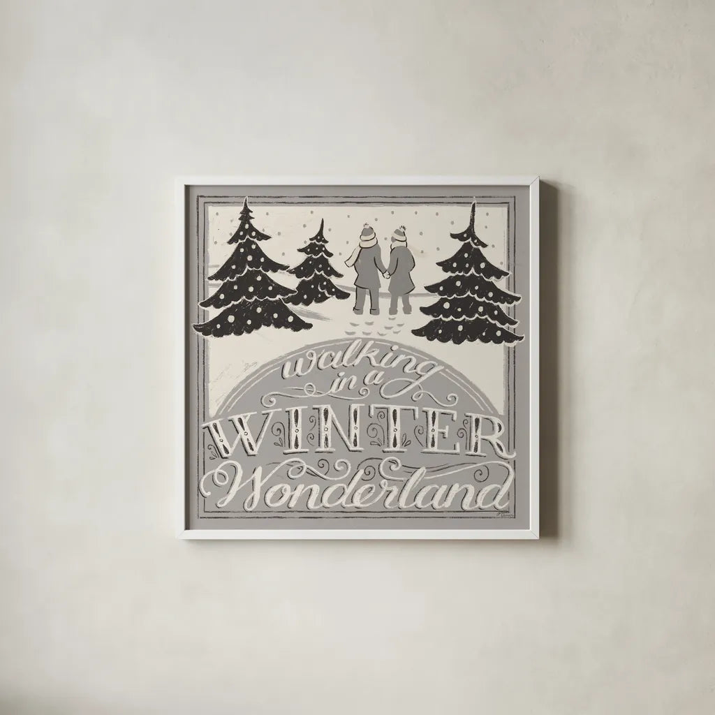 Merry Little Christmas III White Gray by Janelle Penner. Shown in a crisp white glass frame for a clean and minimalist style. Available as an archival giclee rolled canvas, fine art paper, or poster print. SKU 66641a.