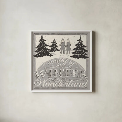 Merry Little Christmas III White Gray by Janelle Penner. Shown in a crisp white glass frame for a clean and minimalist style. Available as an archival giclee rolled canvas, fine art paper, or poster print. SKU 66641a.