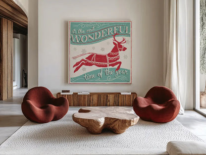 Merry Little Christmas IV by Janelle Penner. Shown as extra-large giant wall art in a modern living room. Available as an archival giclee rolled canvas, fine art paper, or poster print. SKU 36041a.