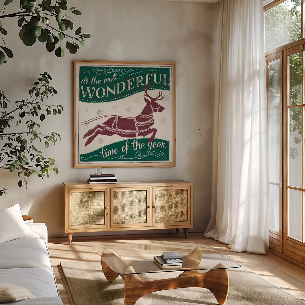 Merry Little Christmas IV GP by Janelle Penner. Shown in a natural wood frame in a cozy modern living room. Available as an archival giclee rolled canvas, fine art paper, or poster print. SKU 65488a.