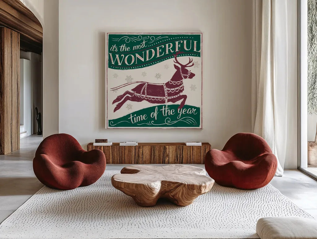 Merry Little Christmas IV GP by Janelle Penner. Shown as extra-large giant wall art in a modern living room. Available as an archival giclee rolled canvas, fine art paper, or poster print. SKU 65488a.