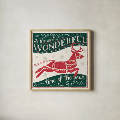 Merry Little Christmas IV Green by Janelle Penner. Shown in a natural wood glass frame for a timeless modern aesthetic. Available as an archival giclee rolled canvas, fine art paper, or poster print. SKU 57502a.