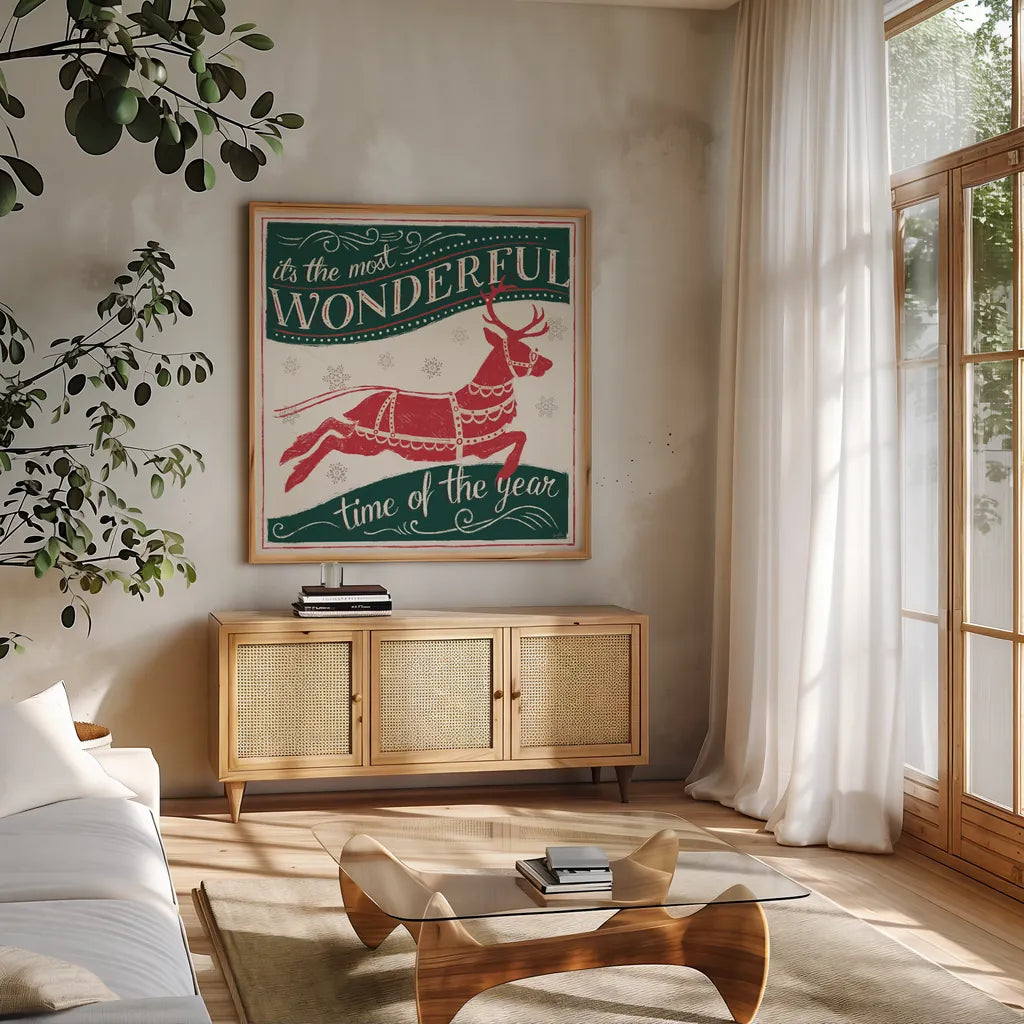 Merry Little Christmas IV Green by Janelle Penner. Shown in a natural wood frame in a cozy modern living room. Available as an archival giclee rolled canvas, fine art paper, or poster print. SKU 57502a.