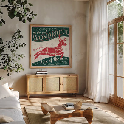 Merry Little Christmas IV Green by Janelle Penner. Shown in a natural wood frame in a cozy modern living room. Available as an archival giclee rolled canvas, fine art paper, or poster print. SKU 57502a.