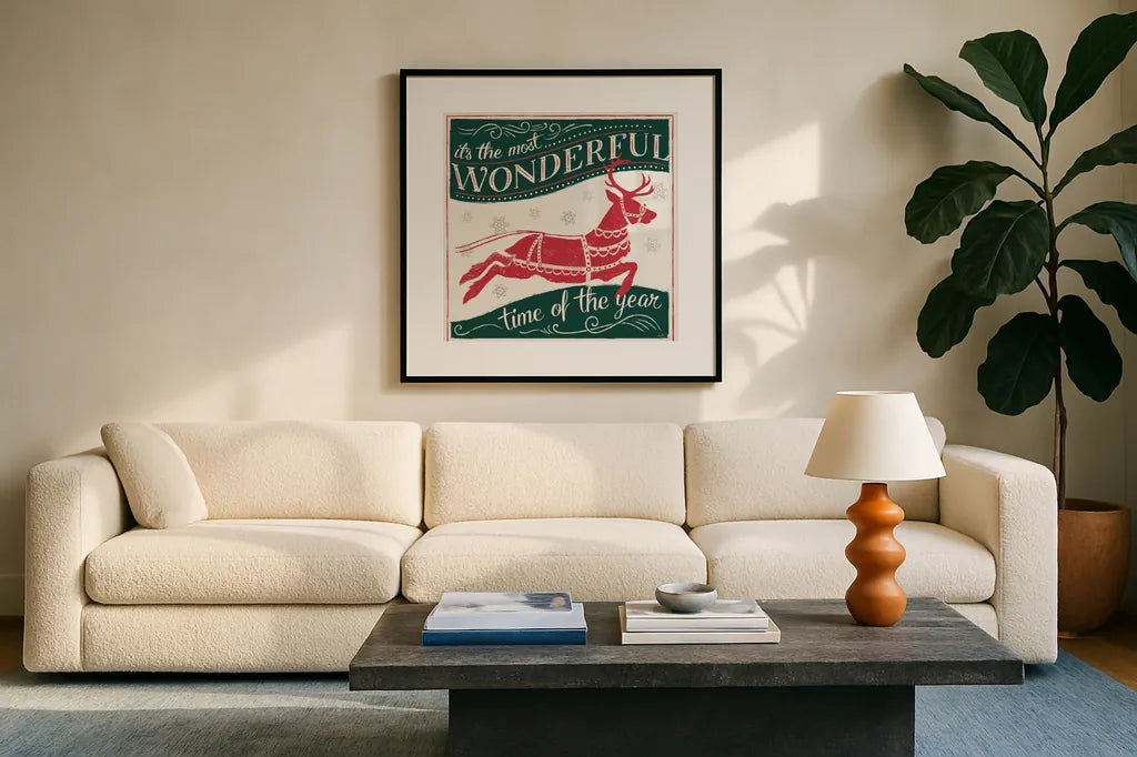 Merry Little Christmas IV Green by Janelle Penner. Displayed in a glass frame with matte in a clean modern living room. Available as an archival giclee rolled canvas, fine art paper, or poster print. SKU 57502a.