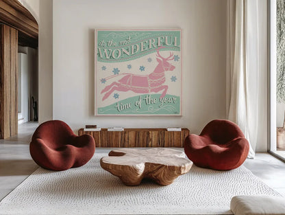 Merry Little Christmas IV Vintage by Janelle Penner. Shown as extra-large giant wall art in a modern living room. Available as an archival giclee rolled canvas, fine art paper, or poster print. SKU 50975a.