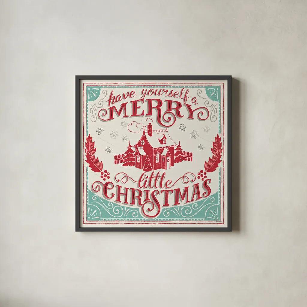 Merry Little Christmas V by Janelle Penner. Shown in a sleek black glass frame for a contemporary gallery look. Available as an archival giclee rolled canvas, fine art paper, or poster print. SKU 36042a.