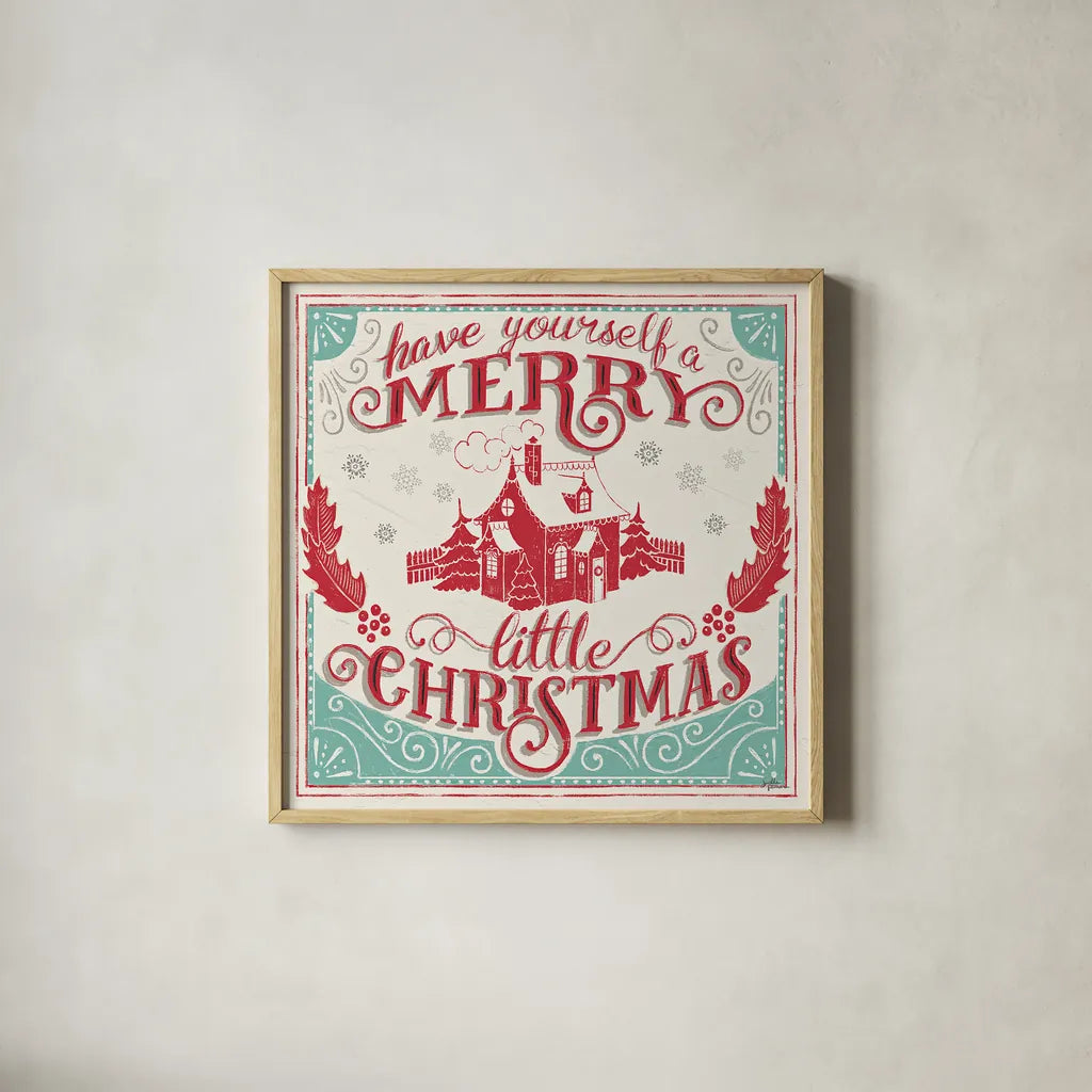 Merry Little Christmas V by Janelle Penner. Shown in a natural wood glass frame for a timeless modern aesthetic. Available as an archival giclee rolled canvas, fine art paper, or poster print. SKU 36042a.