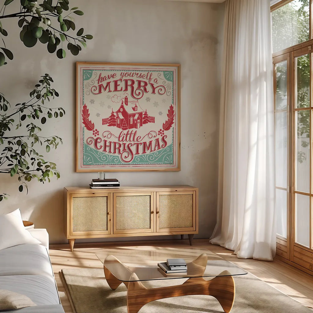 Merry Little Christmas V by Janelle Penner. Shown in a natural wood frame in a cozy modern living room. Available as an archival giclee rolled canvas, fine art paper, or poster print. SKU 36042a.