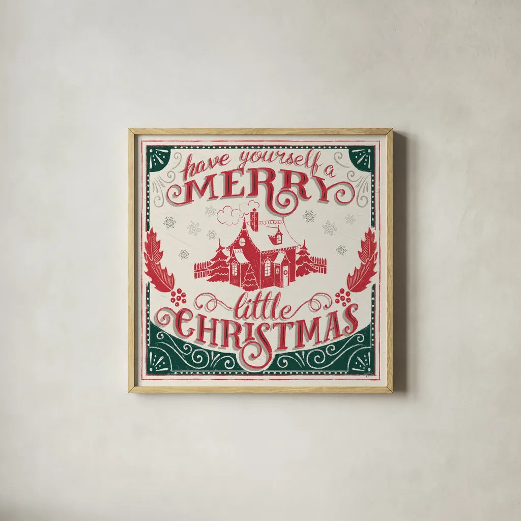 Merry Little Christmas V Green by Janelle Penner. Shown in a natural wood glass frame for a timeless modern aesthetic. Available as an archival giclee rolled canvas, fine art paper, or poster print. SKU 57503a.