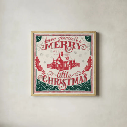Merry Little Christmas V Green by Janelle Penner. Shown in a natural wood glass frame for a timeless modern aesthetic. Available as an archival giclee rolled canvas, fine art paper, or poster print. SKU 57503a.