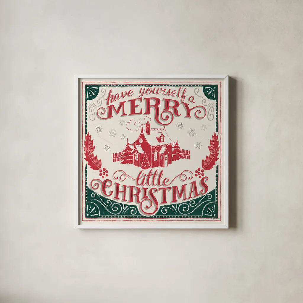 Merry Little Christmas V Green by Janelle Penner. Shown in a crisp white glass frame for a clean and minimalist style. Available as an archival giclee rolled canvas, fine art paper, or poster print. SKU 57503a.